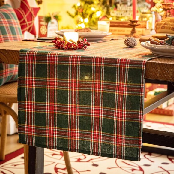 Luxurious 90-Inch Green Red Plaid Table Runner - Perfect for Holiday Gatherings - Picture 3 of 7